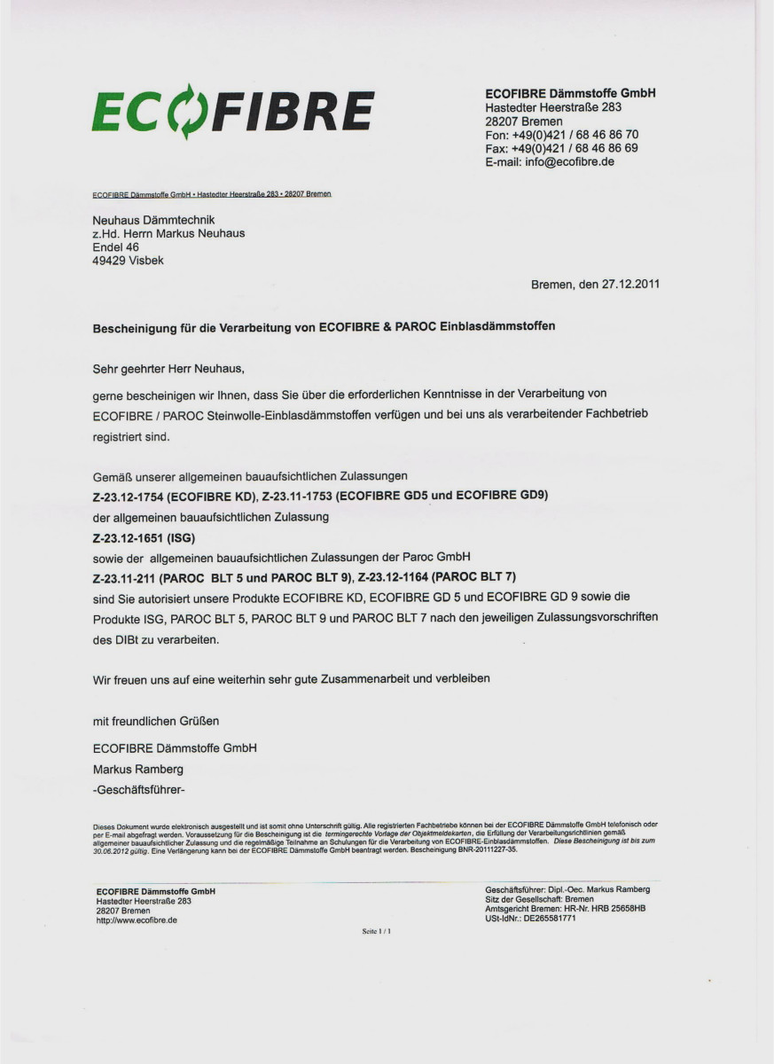 Dämmtechnik Neuhaus Visbek - Zertifikat ECOFIBRE